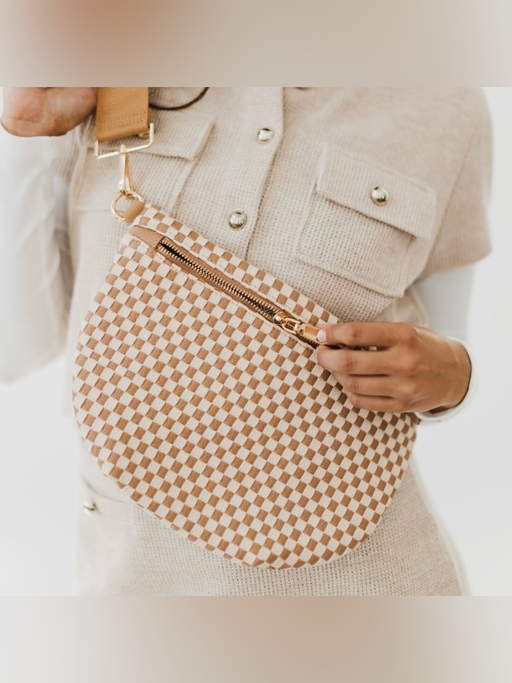Pretty Simple Westlyn Woven Bum Bag Checkered Tan Crossbody